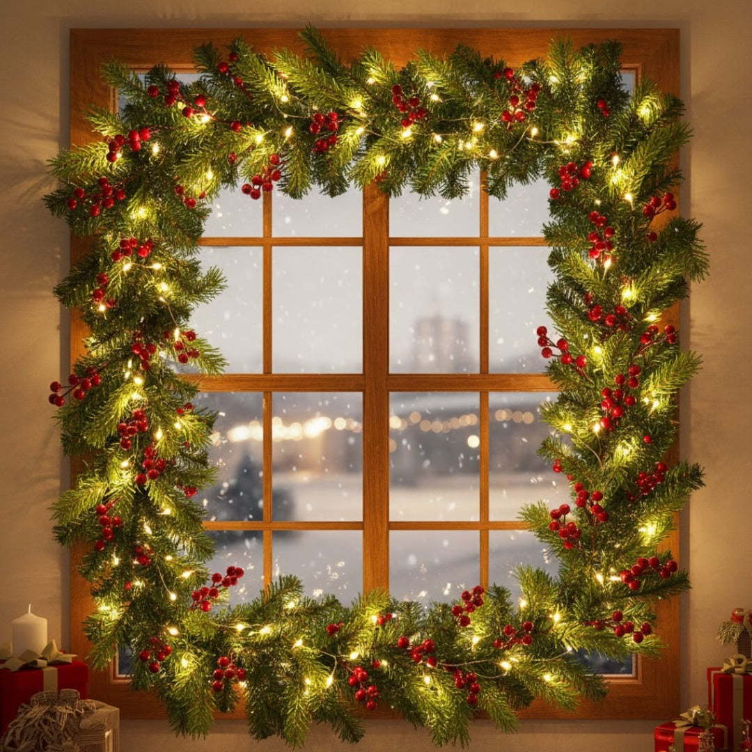 Christmas Thick Garland with Pine and Grass Finish and Cherries - 9FT