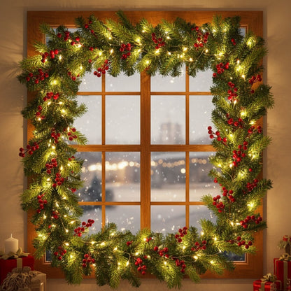 Christmas Thick Garland with Pine and Grass Finish and Cherries - 9FT