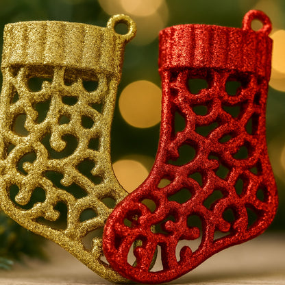 Christmas Tree Ornaments - Santa Stocking Hangings Red &amp; Gold - Set of 2PC