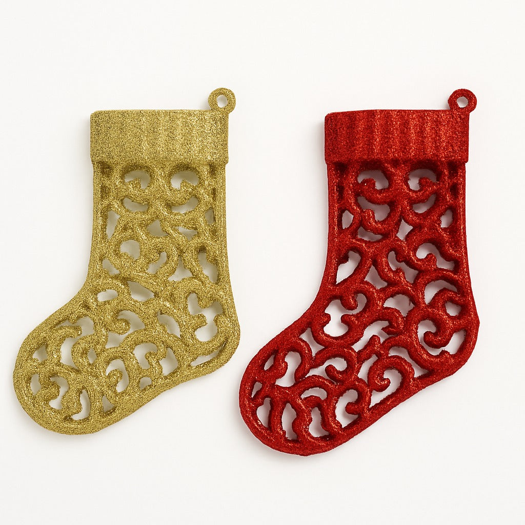 Christmas Tree Ornaments - Santa Stocking Hangings Red &amp; Gold - Set of 2PC