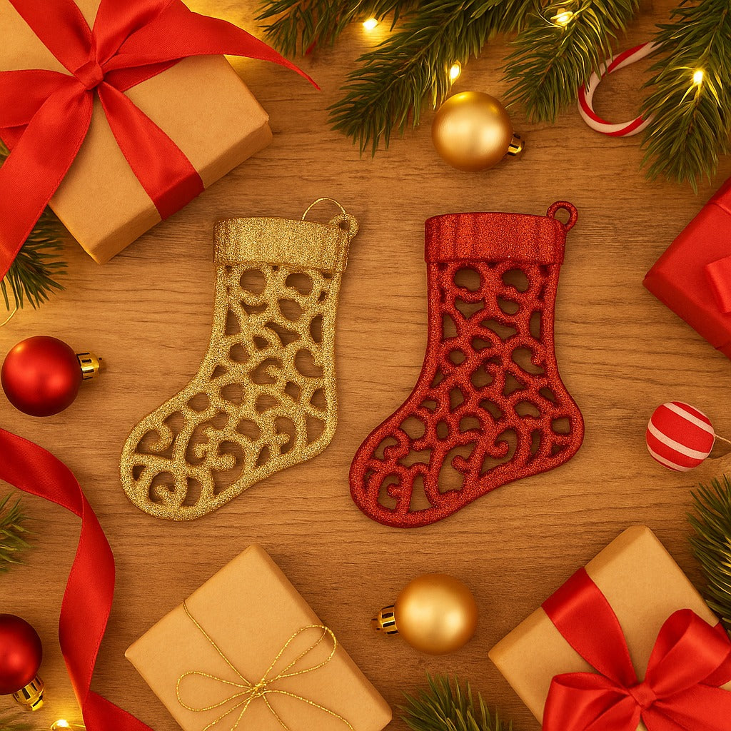 Christmas Tree Ornaments - Santa Stocking Hangings Red &amp; Gold - Set of 2PC