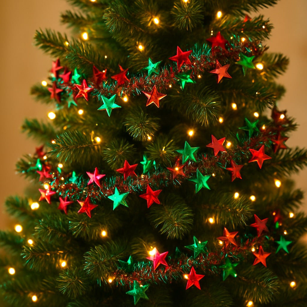 Fringe Wired Red & Green 2D Stars Tree Wraps or Garland - 1PC