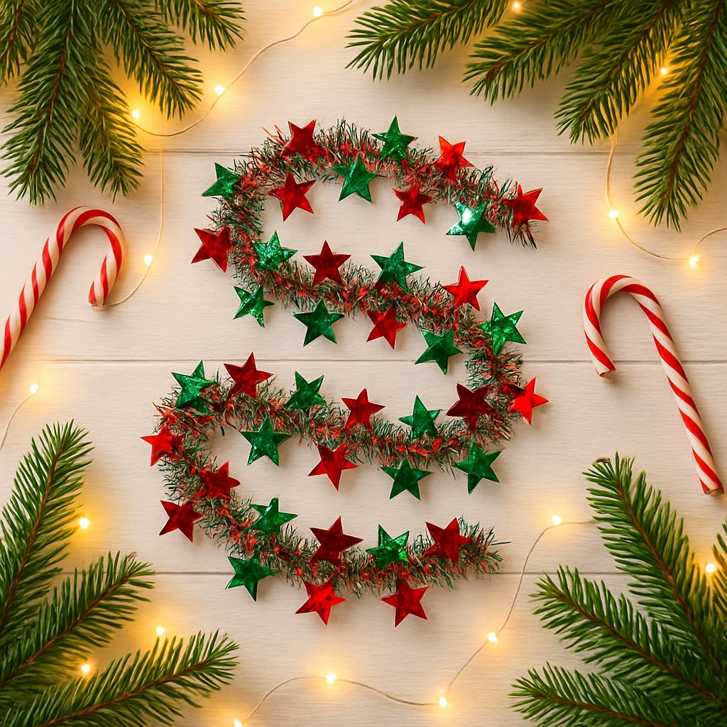 Fringe Wired Red & Green 2D Stars Tree Wraps or Garland - 1PC