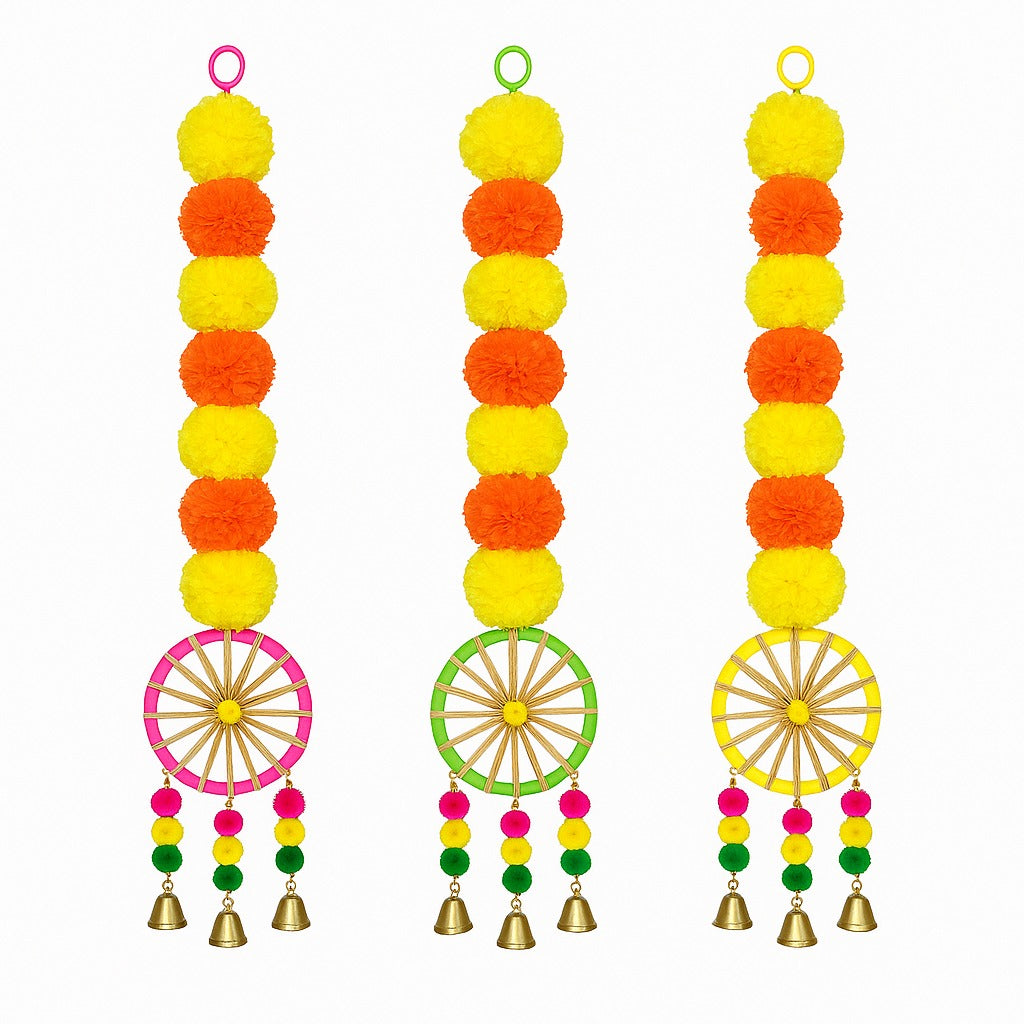 Yellow Orange Marigold Garland Backdrop Decorations with Pom Pom Hangings- Set of 3