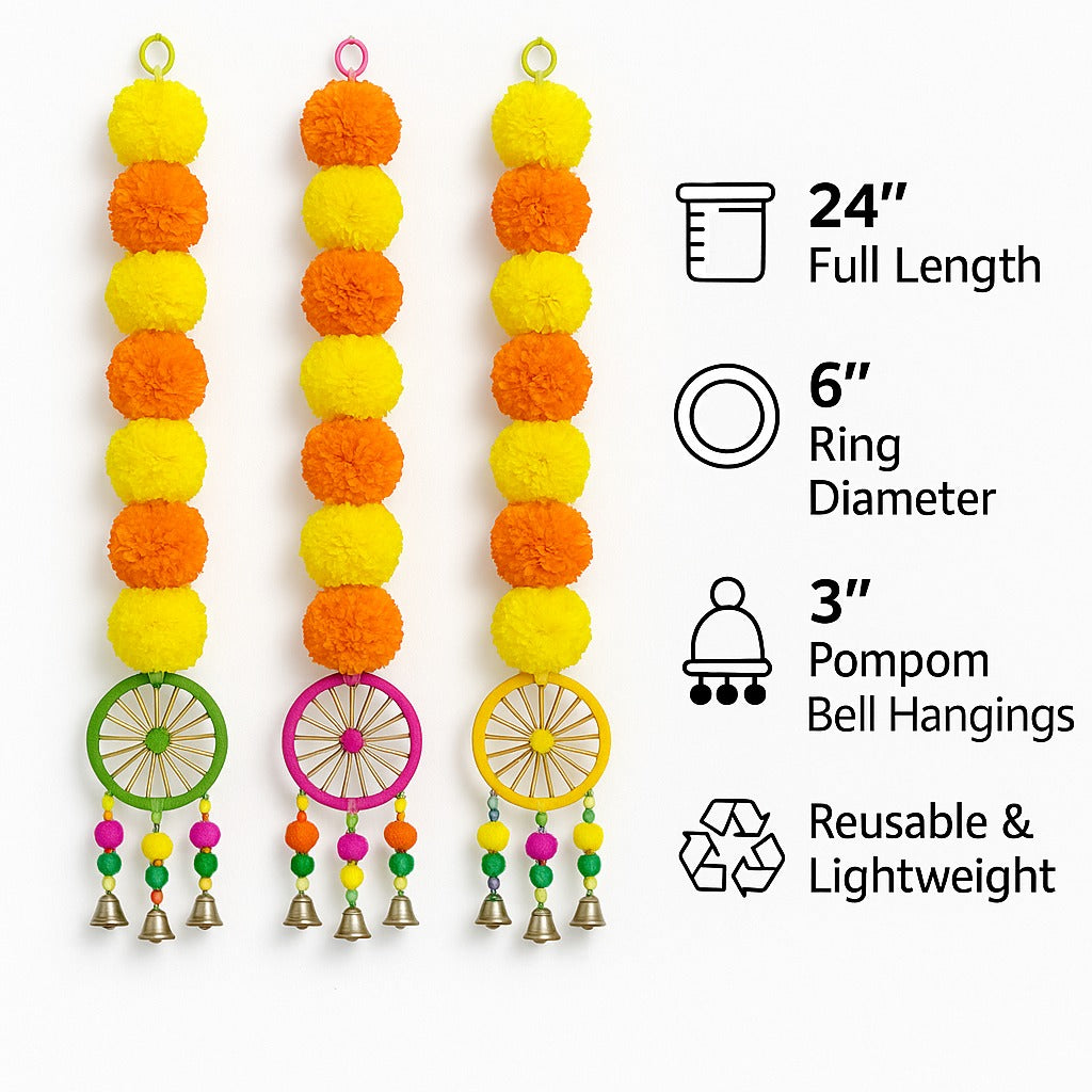 Yellow Orange Marigold Garland Backdrop Decorations with Pom Pom Hangings- Set of 3
