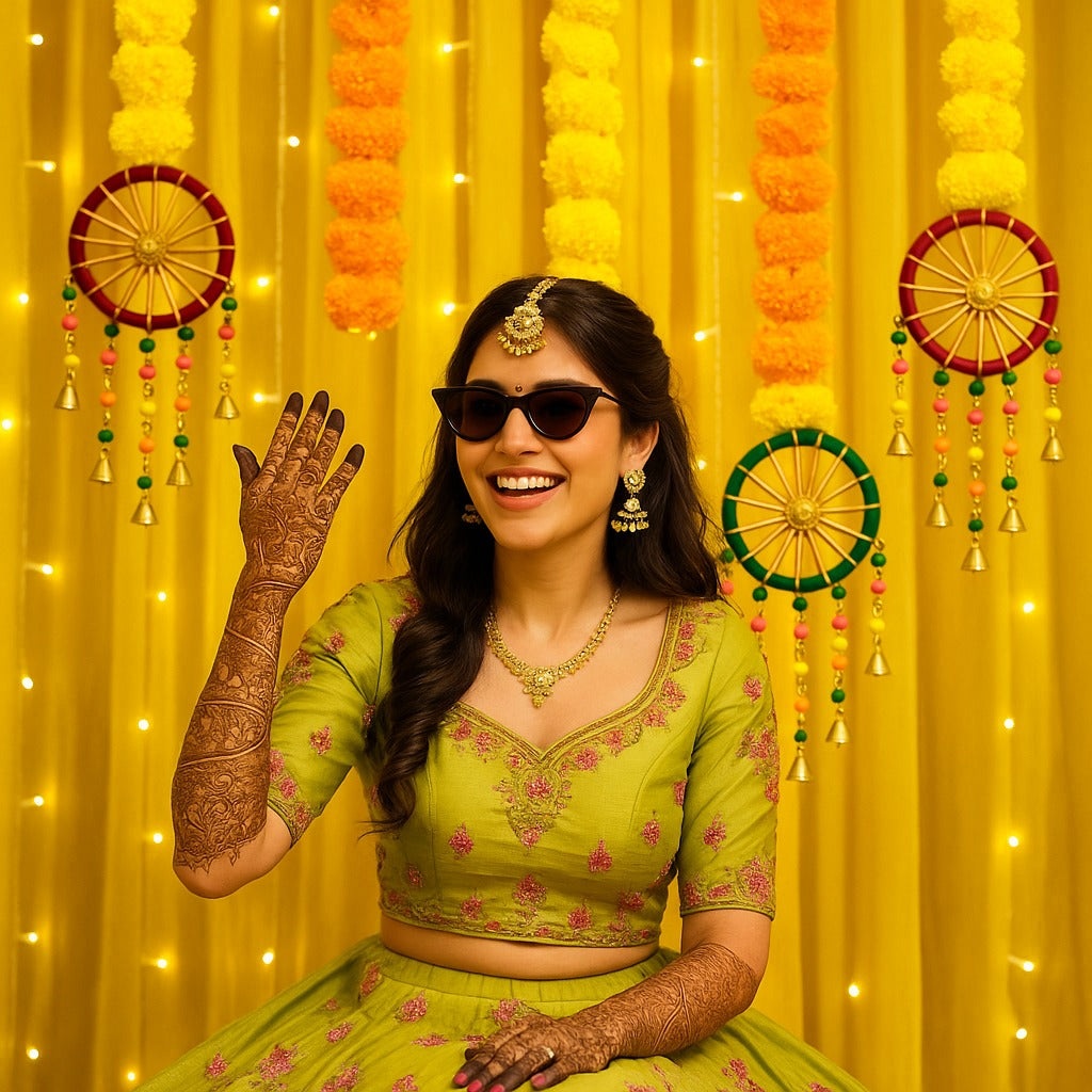 Yellow Orange Marigold Garland Backdrop Decorations with Pom Pom Hangings- Set of 3