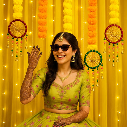 Yellow Orange Marigold Garland Backdrop Decorations with Pom Pom Hangings- Set of 3