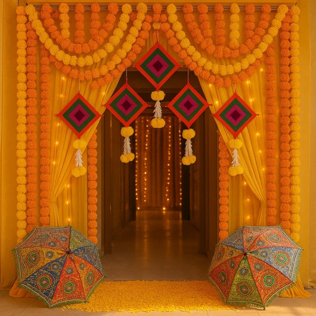 Colorful Kite Hanging Backdrop Decorations with Rajasthani Umbrellas -  Set of 7