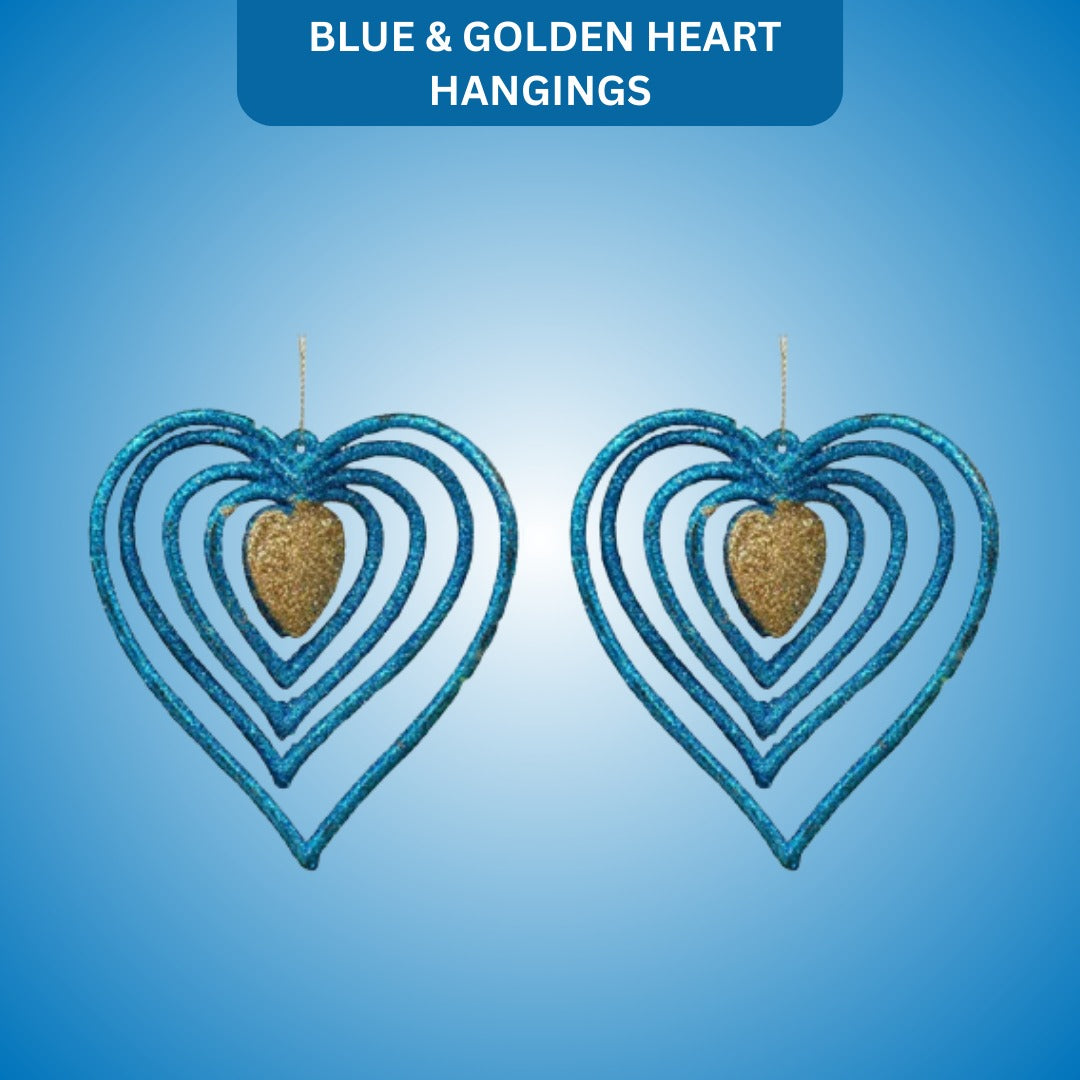3D Heart Blue & Golden Hangings - 2PC