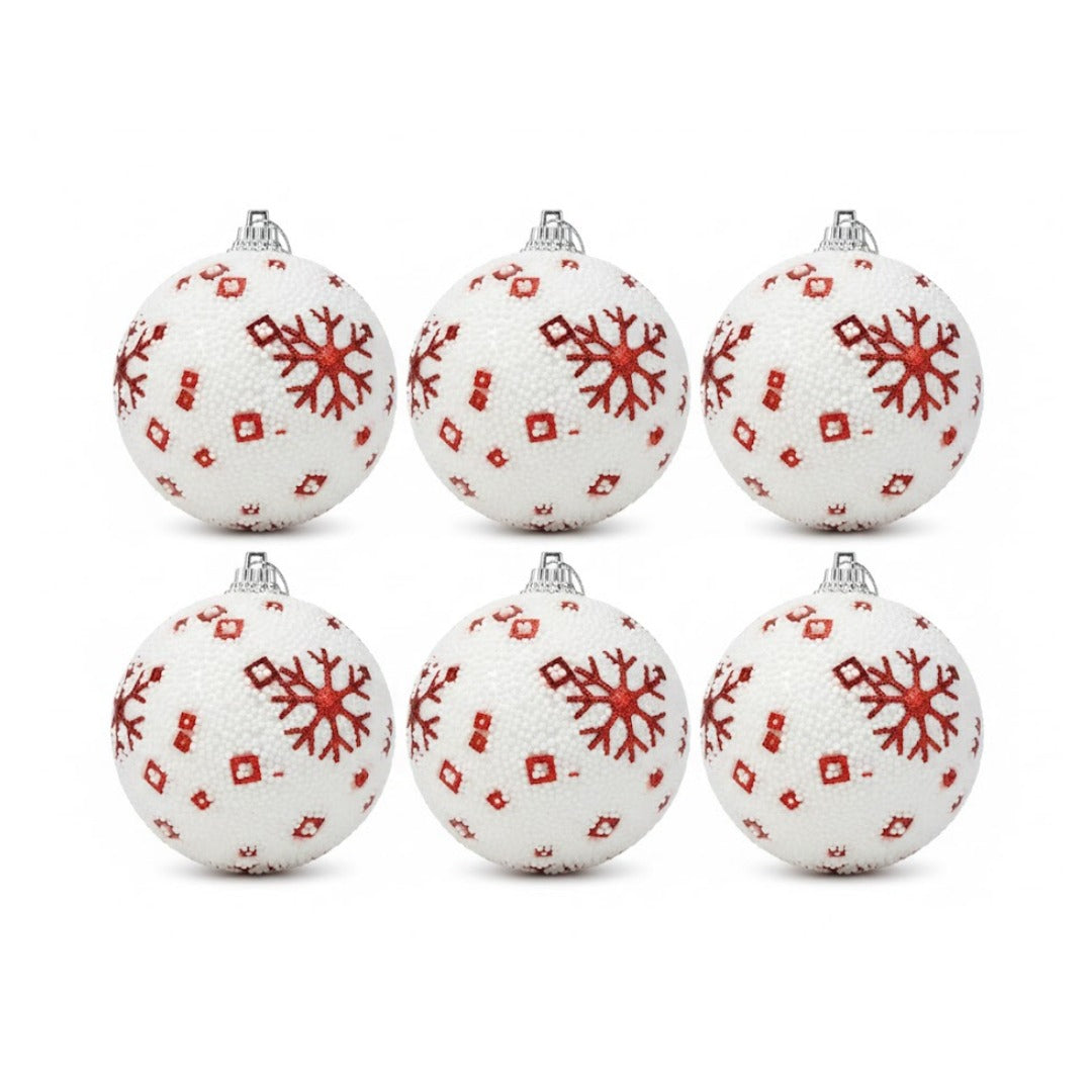 Christmas Glitter White Balls with Red Snowflakes - 6PC