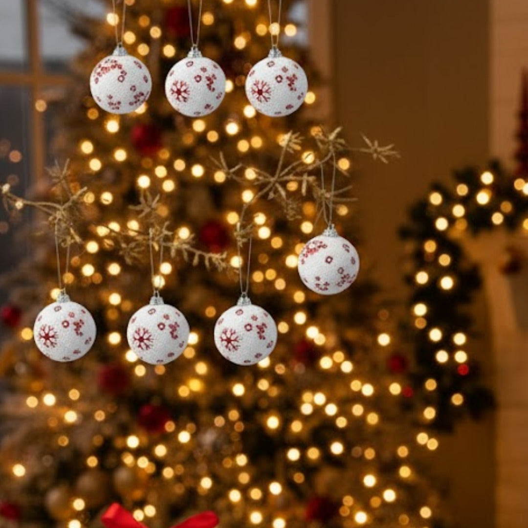 Christmas Glitter White Balls with Red Snowflakes - 6PC