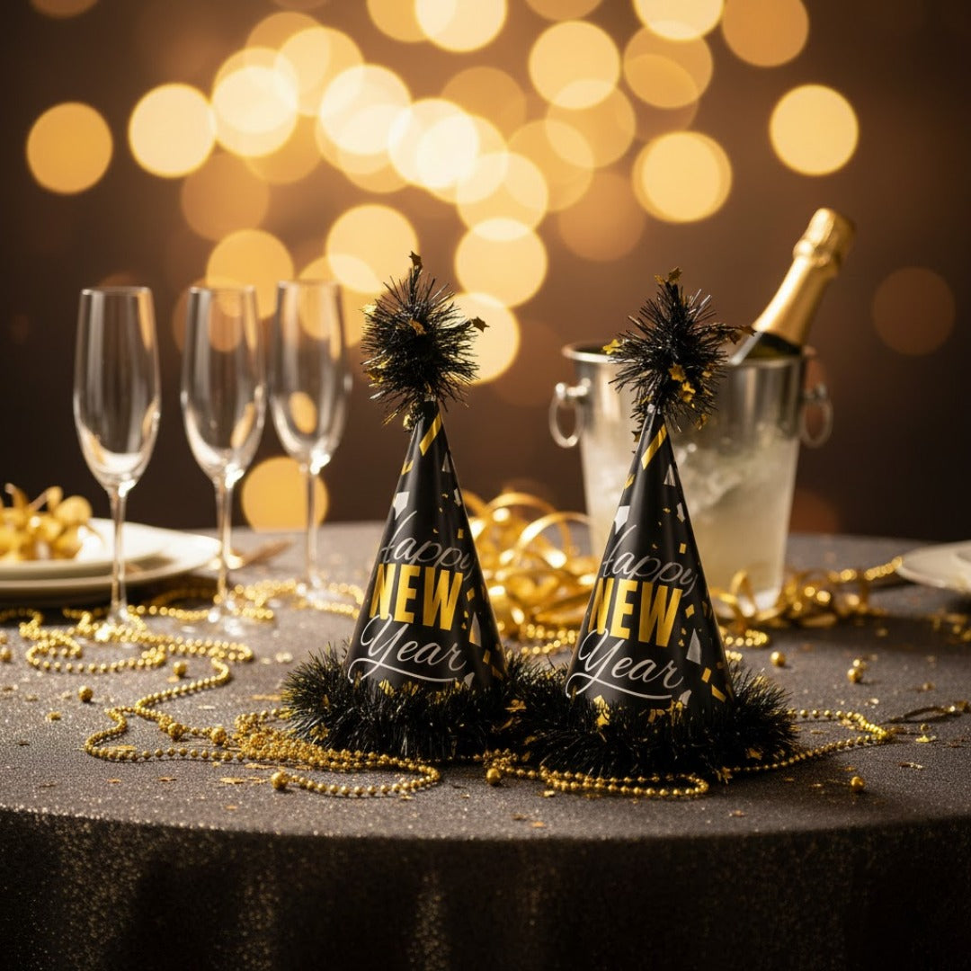 Happy New Year Conical Hat w/Star Swirl Set of 2