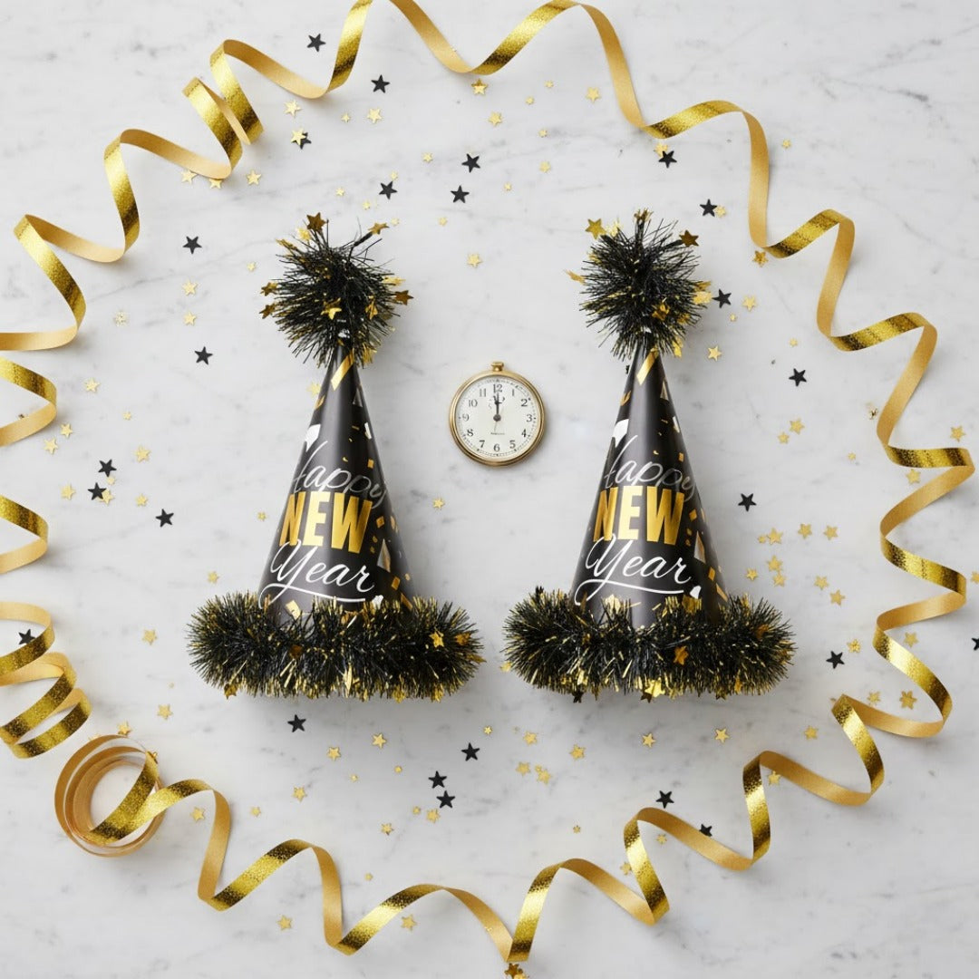 Happy New Year Conical Hat w/Star Swirl Set of 2