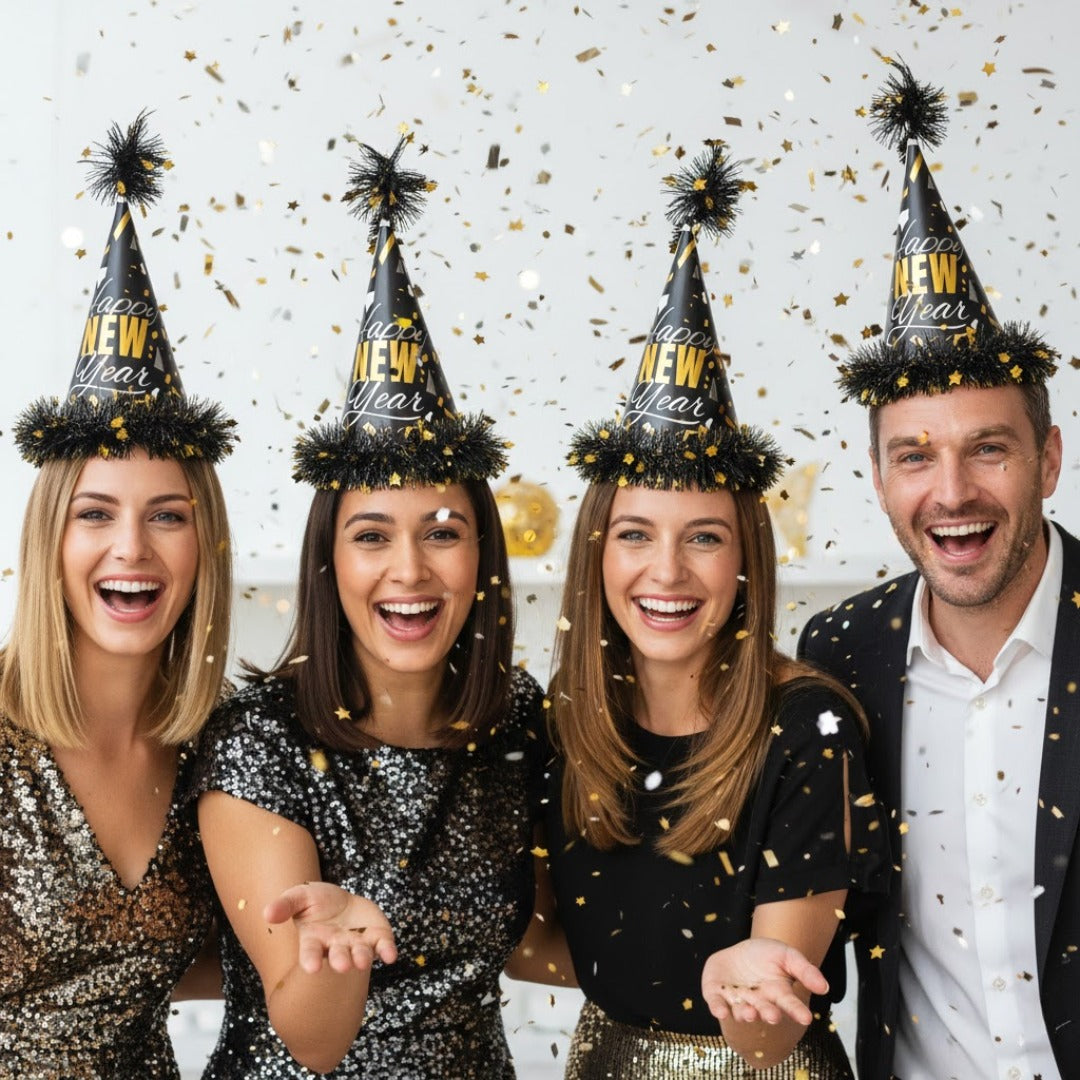 Happy New Year Conical Hat w/Star Swirl Set of 2