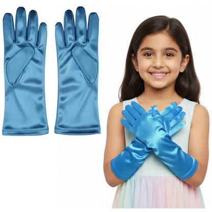 Long Satin Blue Gloves for Kids