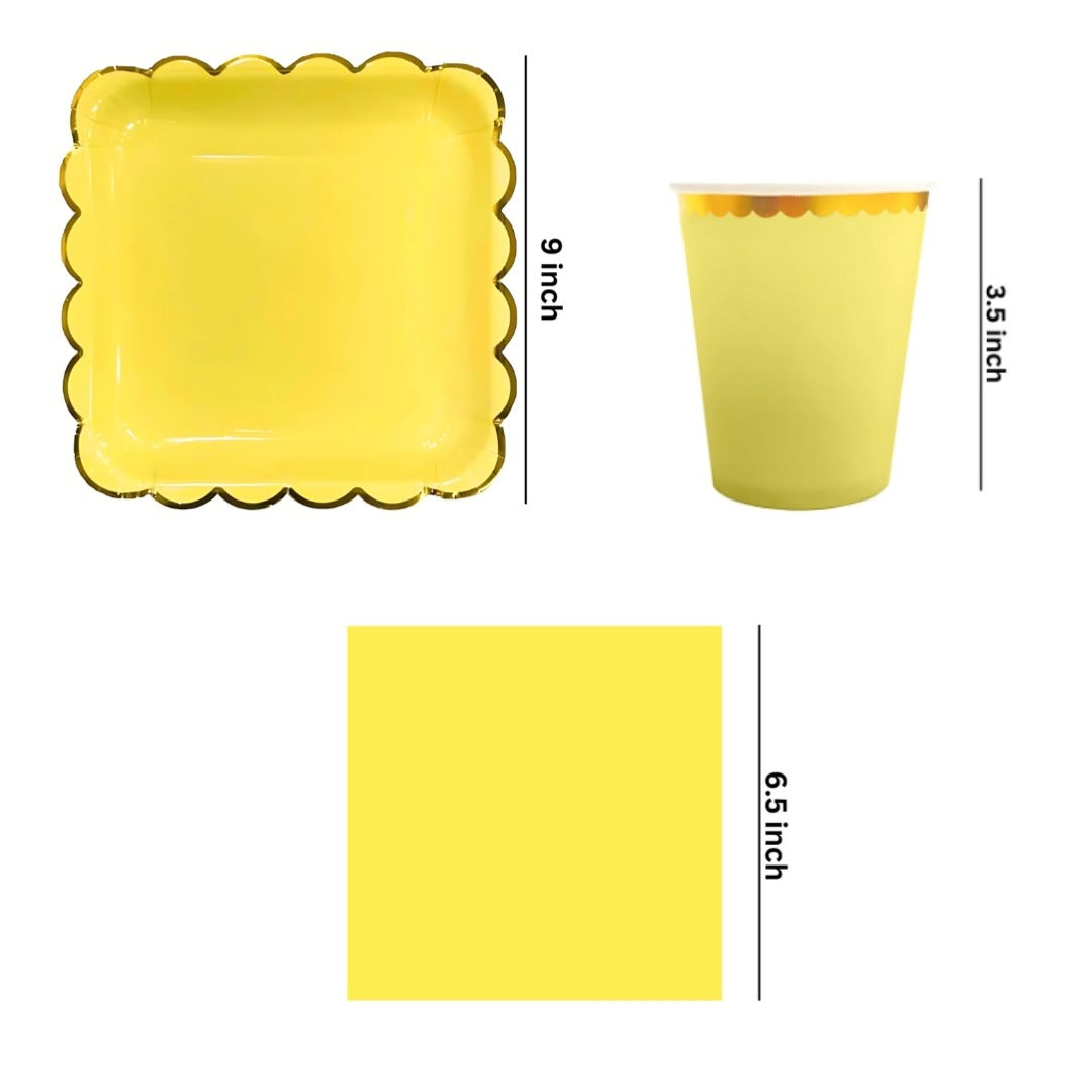 Yellow Party Tableware Combo with Plates, Tissues, Cups, Spoons and Forks - 64PC - Serves Upto 10 Pax