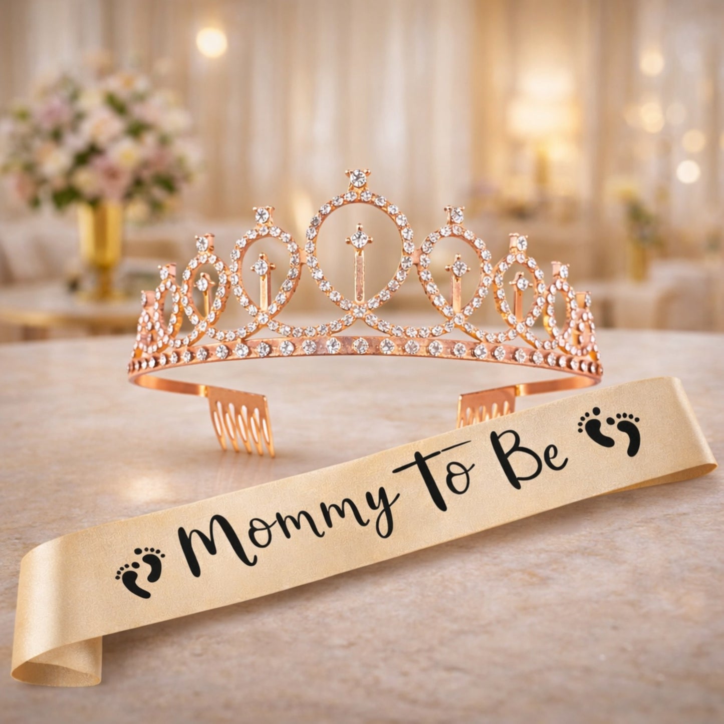 Rose Gold Tiara wth Mom To Be Sash Combo - 2PC