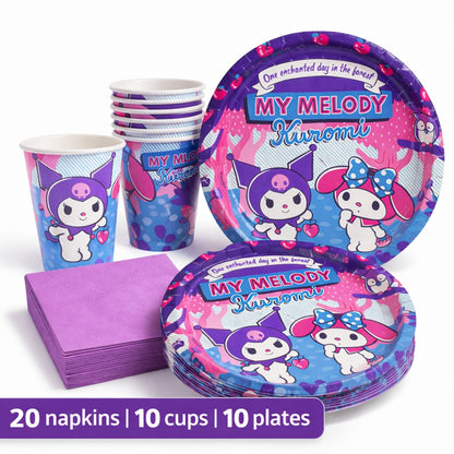 Kuromi Theme Party Tableware set of 40- Plates, Cups and Napkins