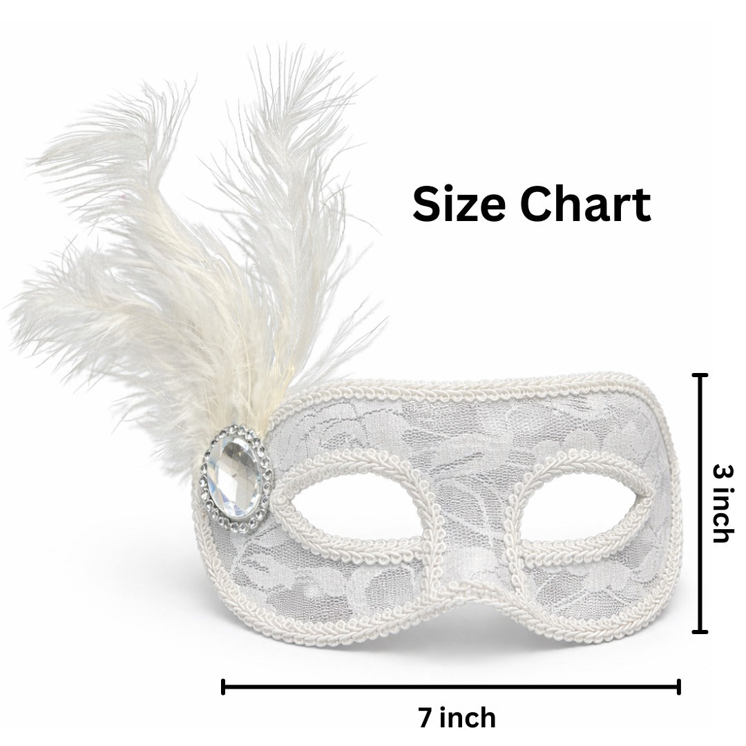 Fancy White Net Masquerade Mask wih Feathers - 1PC