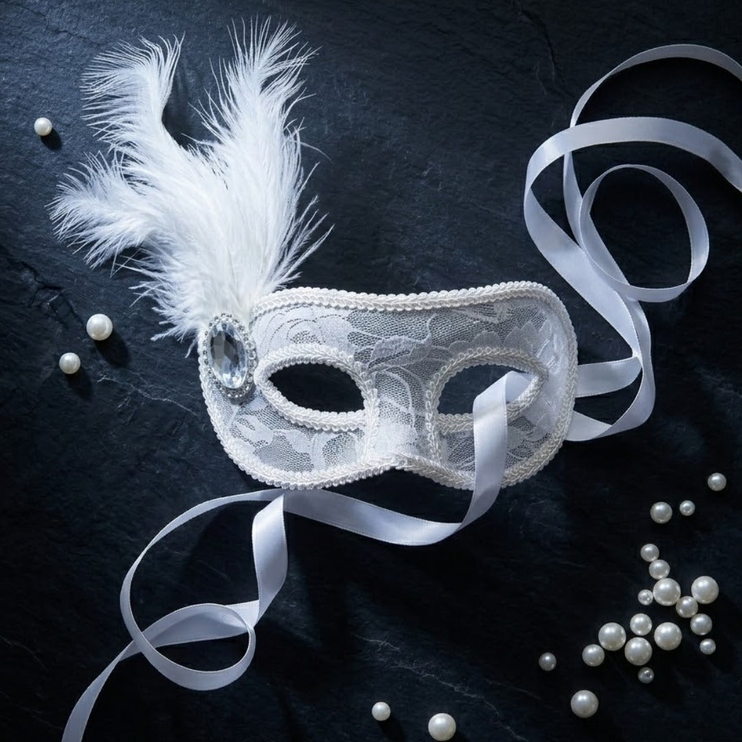 Fancy White Net Masquerade Mask wih Feathers - 1PC
