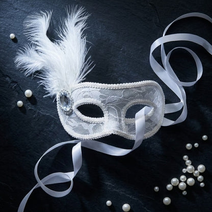 Fancy White Net Masquerade Mask wih Feathers - 1PC