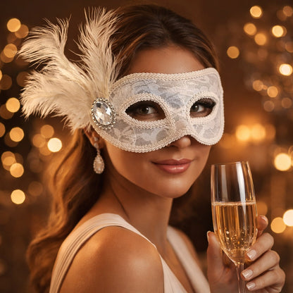 Fancy White Net Masquerade Mask wih Feathers - 1PC
