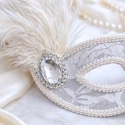 Fancy White Net Masquerade Mask wih Feathers - 1PC