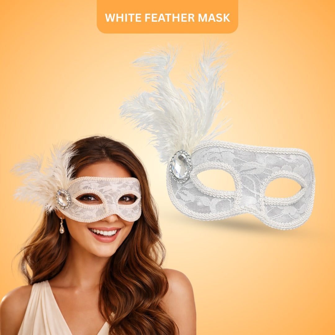 Fancy White Net Masquerade Mask wih Feathers - 1PC