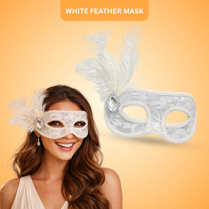 Fancy White Net Masquerade Mask wih Feathers - 1PC