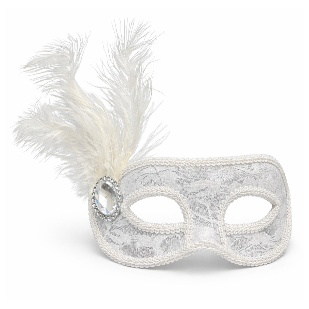 Fancy White Net Masquerade Mask wih Feathers - 1PC