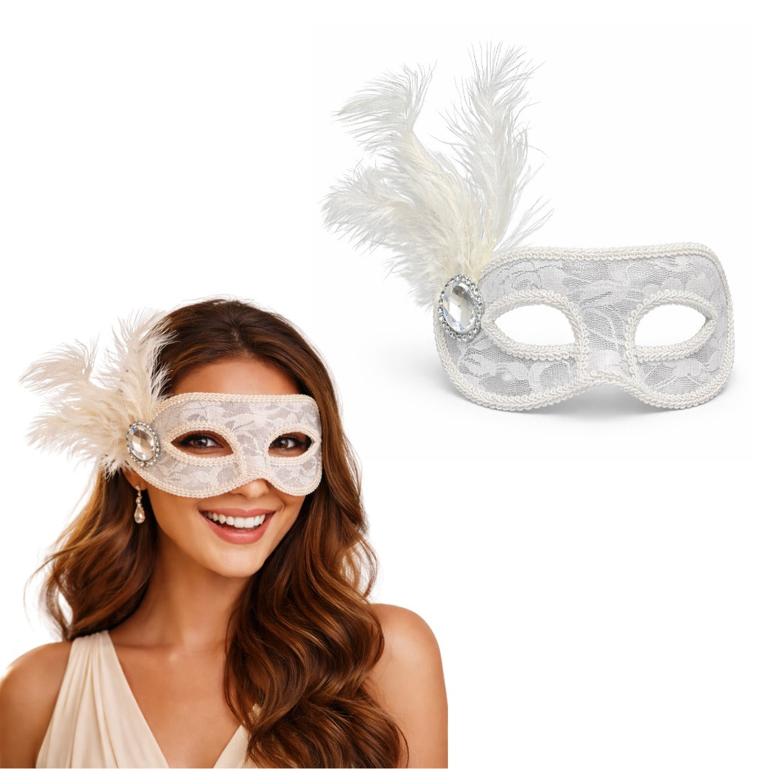 Fancy White Net Masquerade Mask wih Feathers - 1PC