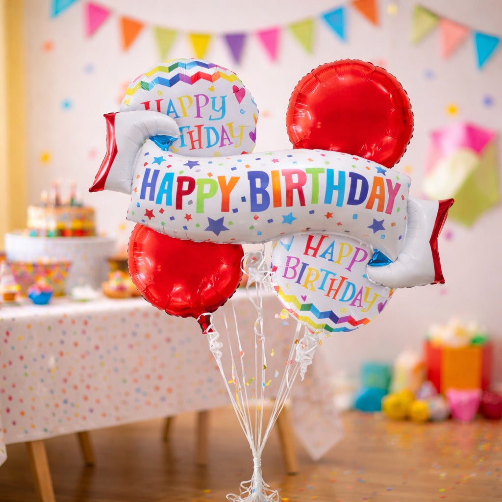 Happy Birthday Wishes Flag Banner Helium Filled Balloon Bouquet Set of 5