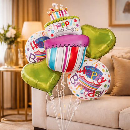 Happy Birthday Triple Layer Cake Helium Filled Balloon Bouquet Set of 5