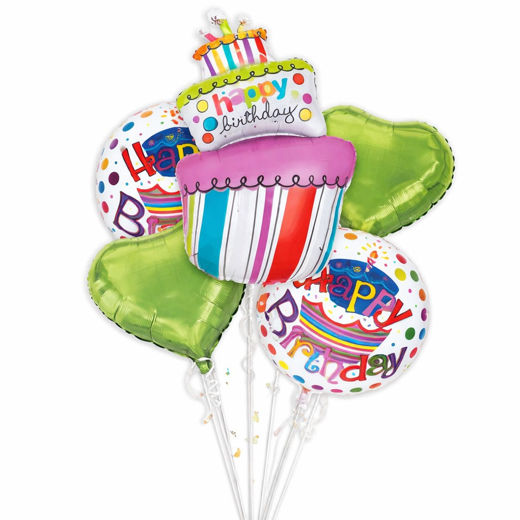 Happy Birthday Triple Layer Cake Helium Filled Balloon Bouquet Set of 5