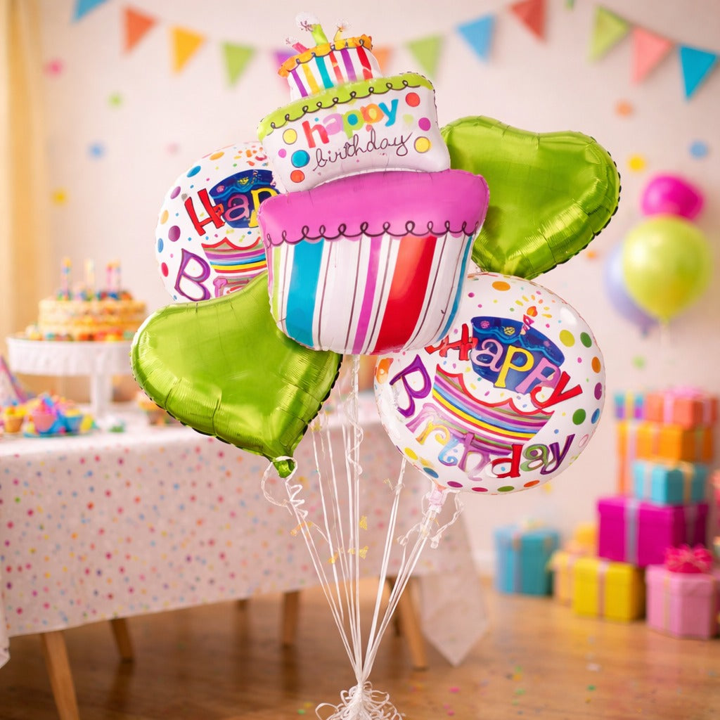 Happy Birthday Triple Layer Cake Helium Filled Balloon Bouquet Set of 5