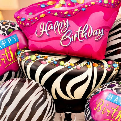 Happy Birthday Pink & Black Zebra Stripes Helium Foil Balloon Set of 5
