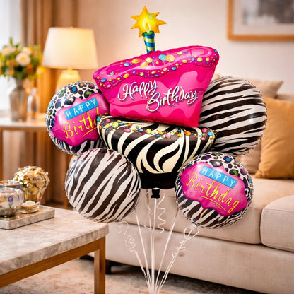Happy Birthday Pink & Black Zebra Stripes Helium Foil Balloon Set of 5