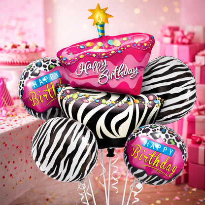 Happy Birthday Pink & Black Zebra Stripes Helium Foil Balloon Set of 5