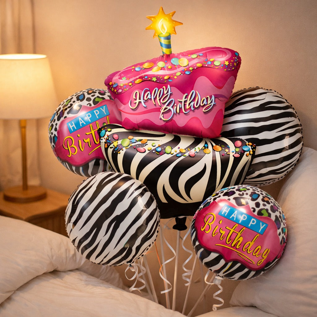 Happy Birthday Pink & Black Zebra Stripes Helium Foil Balloon Set of 5