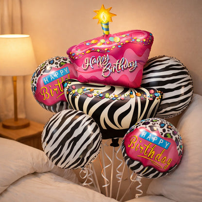 Happy Birthday Pink & Black Zebra Stripes Helium Foil Balloon Set of 5