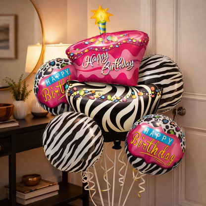 Happy Birthday Pink & Black Zebra Stripes Helium Foil Balloon Set of 5