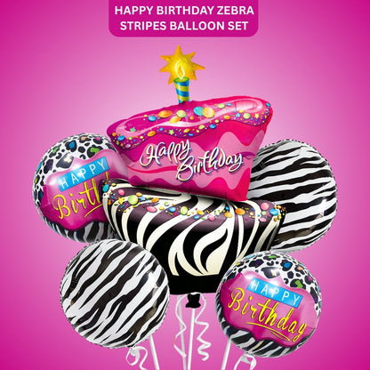 Happy Birthday Pink & Black Zebra Stripes Helium Foil Balloon Set of 5