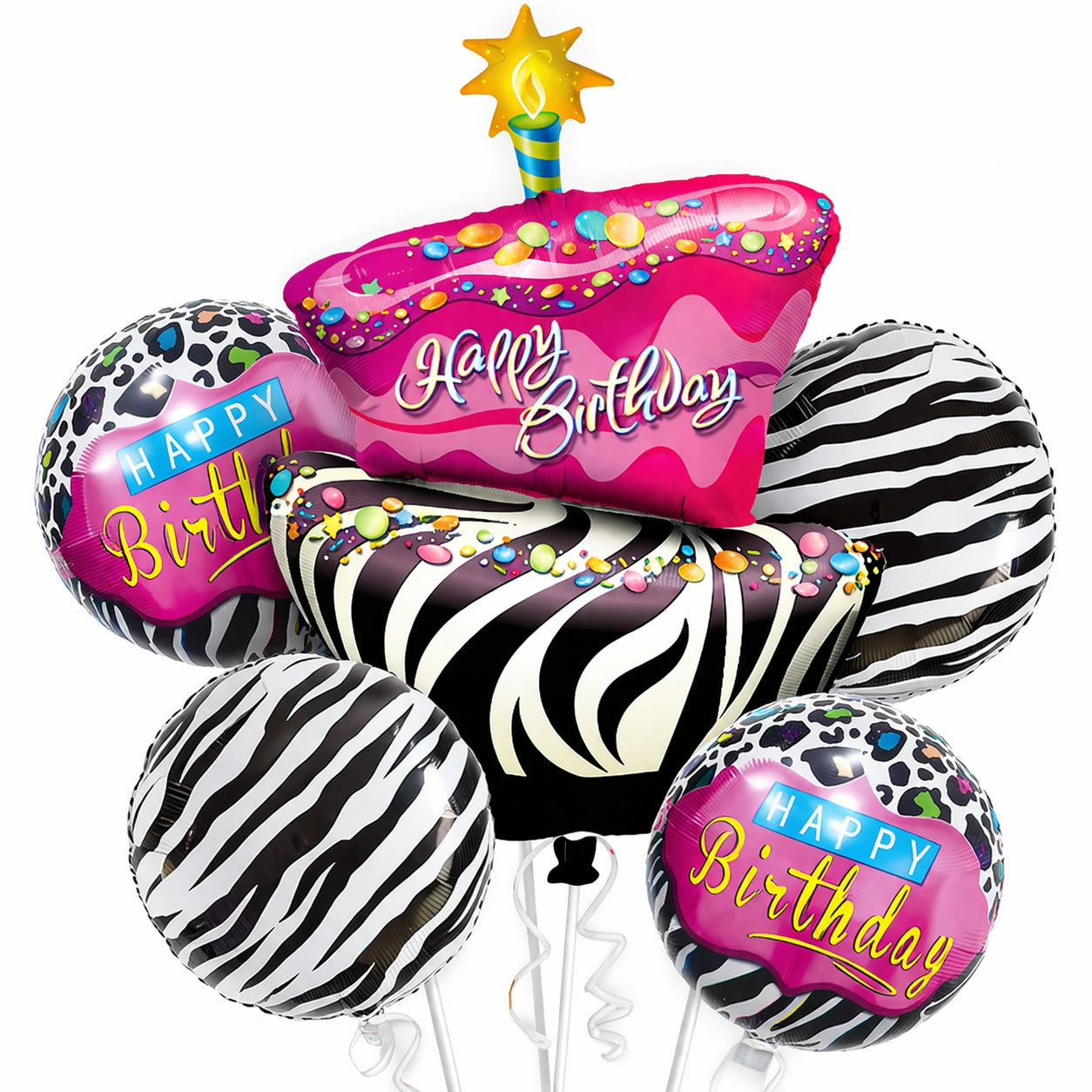 Happy Birthday Pink & Black Zebra Stripes Helium Foil Balloon Set of 5