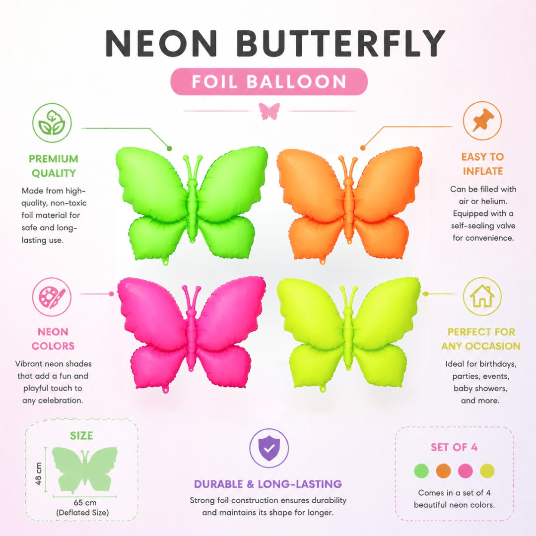 Neon/UV Florescent Butterfly Shaped Foil Balloons - Air Filled - 18 inches - Set of 4