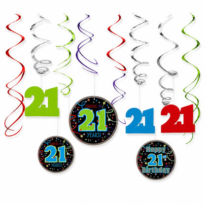 21st Birthday Hanging Swirl Decorations - 12Pc