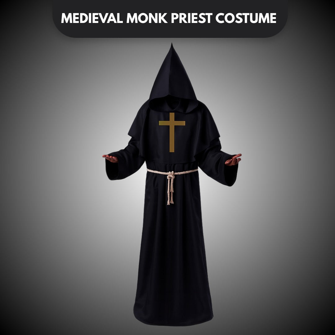 Friar Medieval Hooded Monk Priest Adult Robe Costume with Cross Sign and Rope