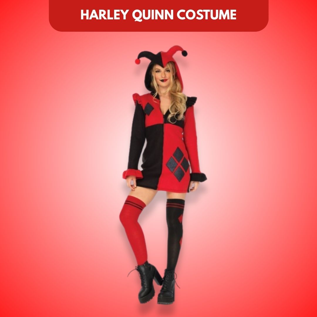 Super Villain Harley Quinn Comic Red & Black Women Costume with Hood