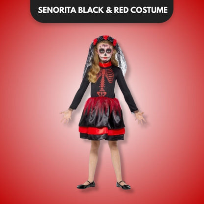 Day of the Dead Senorita Black & Red Costume w/ Skeleton Print & Veil