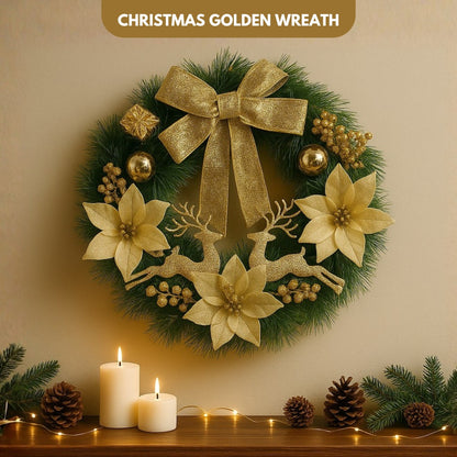 Christmas Wreath Golden w/Reindeer, Cherries, Bells & Bows 18"