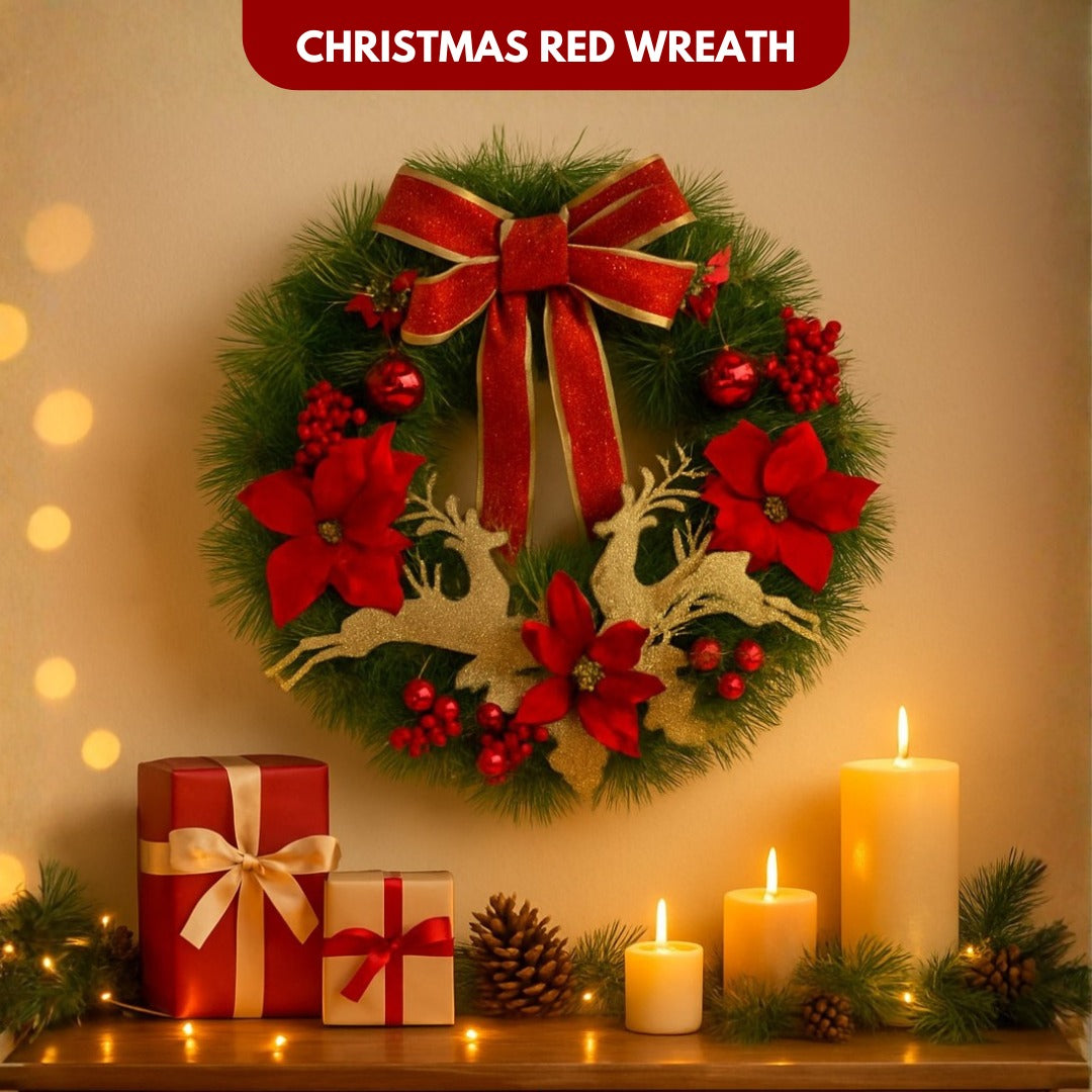 Christmas Wreath Red w/Reindeer, Cherries, Bells & Bows 18"